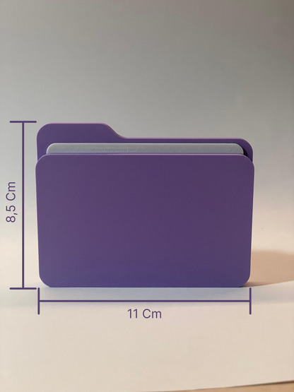 Purple folder with dimensions indicated on a gray background